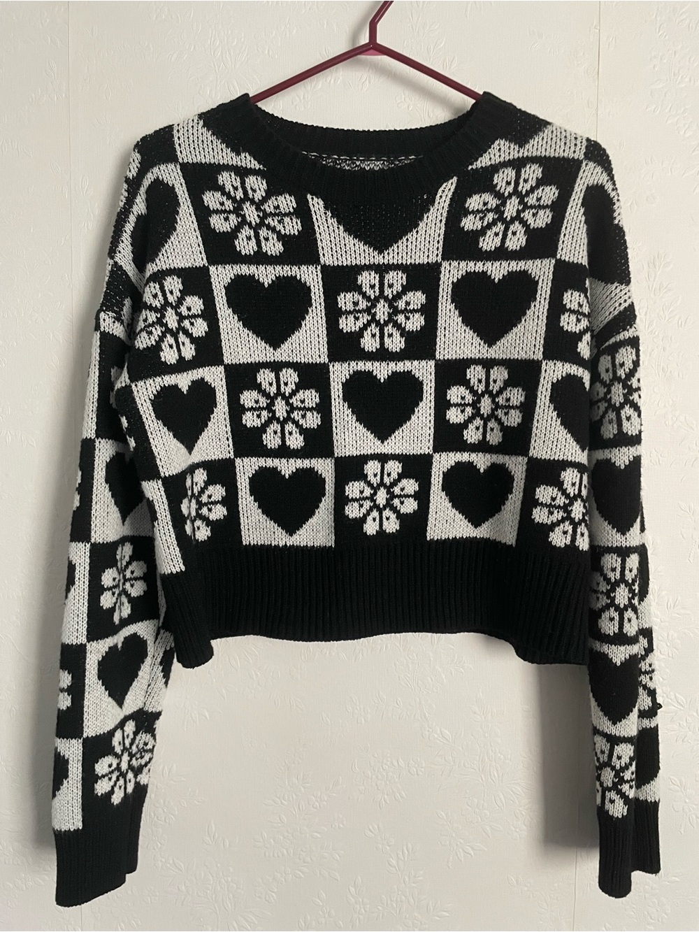 Cropped Black & White Heart Knit Sweater